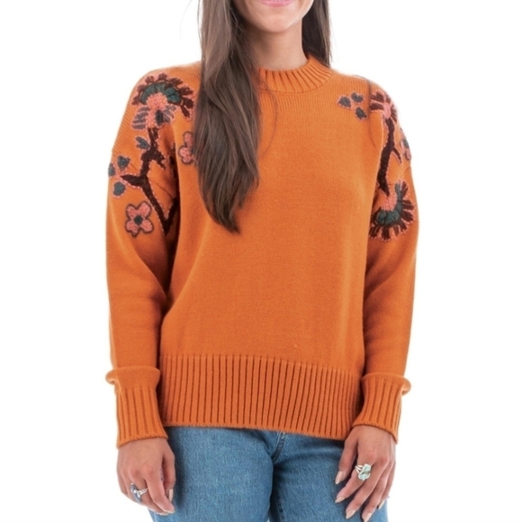 Aventura Sweaters - Aventura Clothing Misha Sweater Orange Embroidered Floral Merino Wool XL